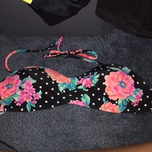 Black Bikini Top W/ White Polka Dots &Pink Flowers